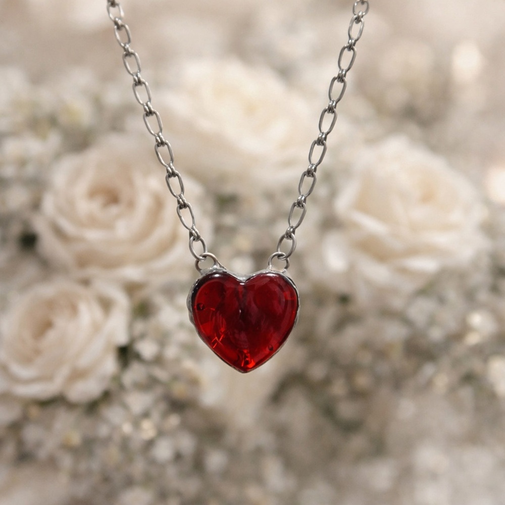Red Heart Pendant Necklace Silver Tone Chain Romantic Statement Jewelry